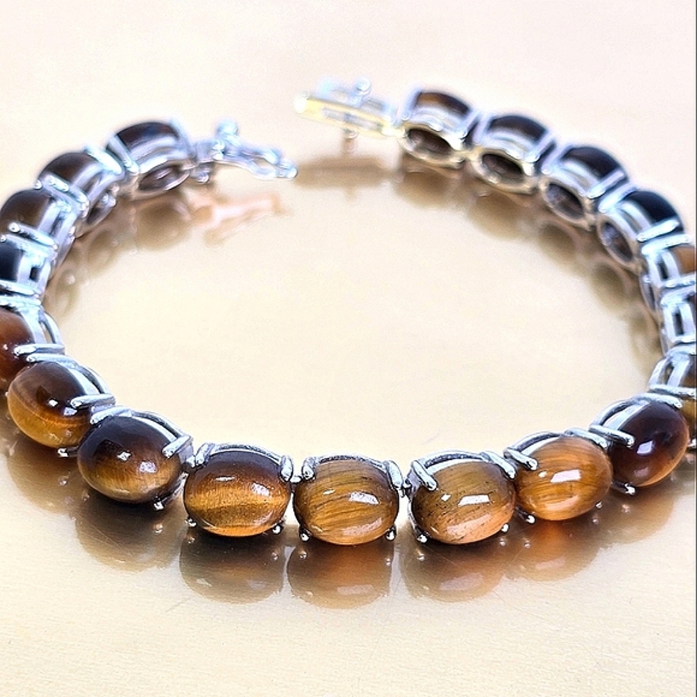 925 Sterling Silver Tennis Bracelet 17.5cm with Natural Tiger's Eye Gem 7x9mm